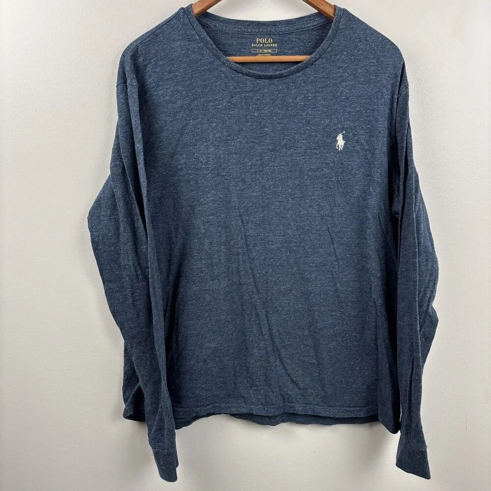 POLO RALPH LAUREN Men Jersey Pullover LARGE Heather Blue Long Sleeve Pony Cotton